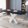 Modern Square Dining Table;  Stretchable;  Printed Black/white Marble +MDF X-Shape Table Leg with Metal Base