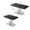 Modern Square Dining Table;  Stretchable;  Printed Black/white Marble +MDF X-Shape Table Leg with Metal Base